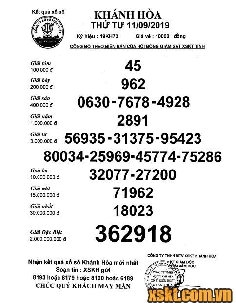 XSKH ngày 11/9/2019