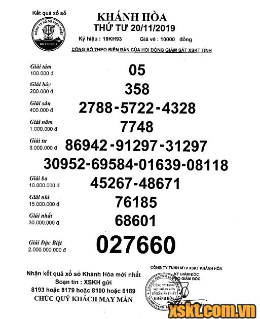 XSKH ngày 20/11/2019