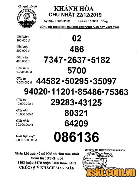 XSKH ngày 22/12/2019