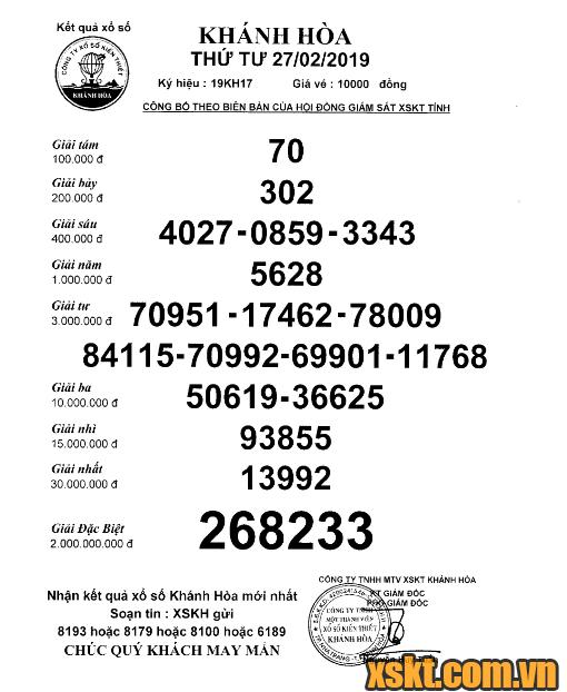 XSKH ngày 27/2/2019