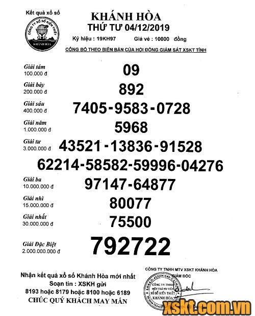 XSKH ngày 4/12/2019