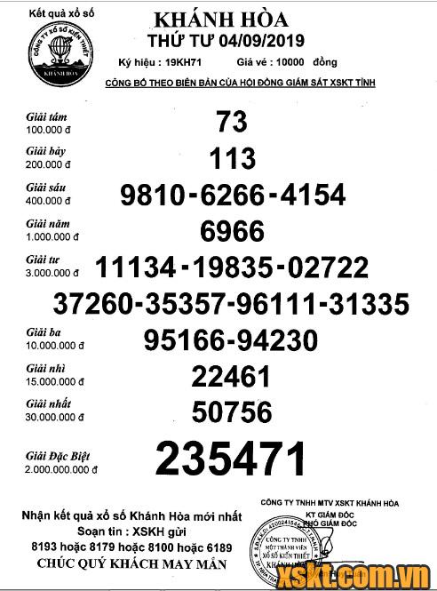 XSKH ngày 4/9/2019