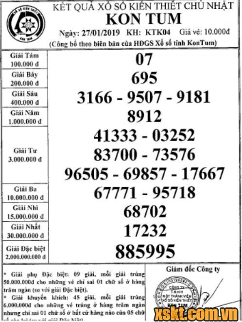 XSKT ngày 27/1/2019