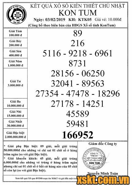 XSKT ngày 3/2/2019