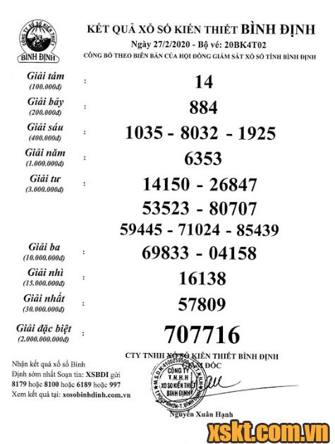 XSBDI ngày 27/2/2020