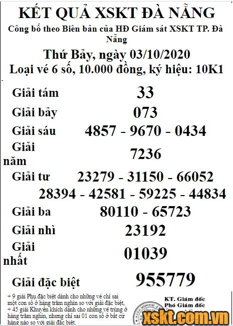 XSDNG ngày 3/10/2020
