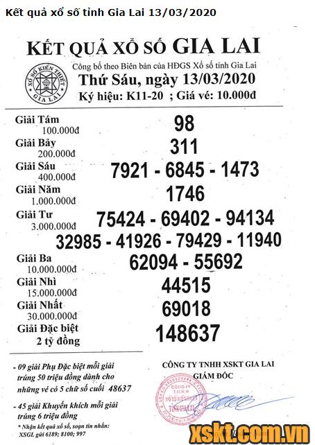 XSGL ngày 13/3/2020