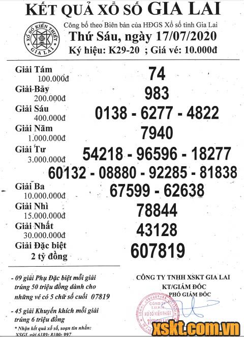XSGL ngày 17/7/2020