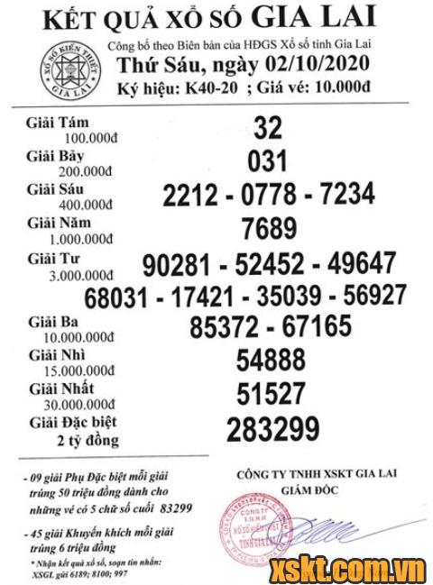 XSGL ngày 2/10/2020