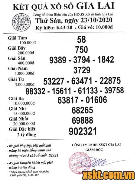 XSGL ngày 23/10/2020