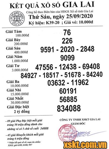 XSGL ngày 25/9/2020