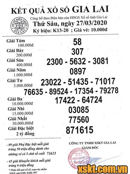 XSGL ngày 27/3/2020
