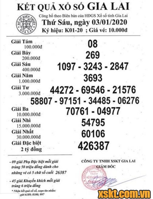 XSGL ngày 3/1/2020