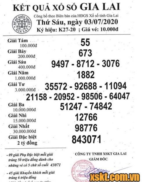 XSGL ngày 3/7/2020