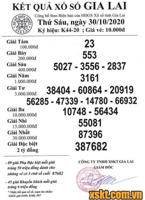 XSGL ngày 30/10/2020
