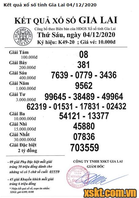 XSGL ngày 4/12/2020