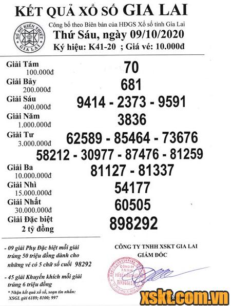 XSGL ngày 9/10/2020