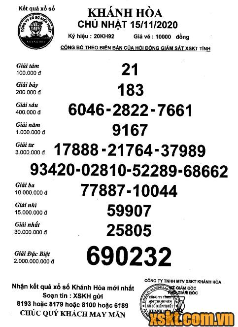 XSKH ngày 15/11/2020