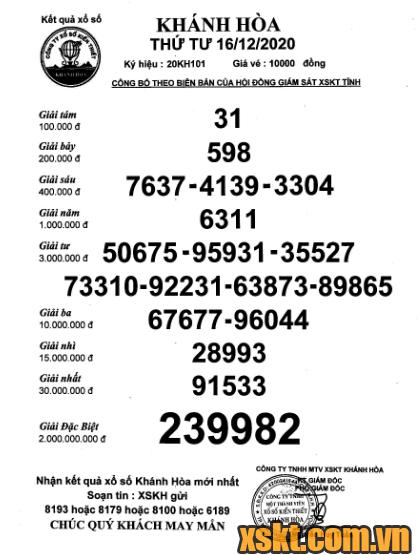 XSKH ngày 16/12/2020