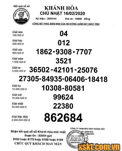 XSKH ngày 16/2/2020