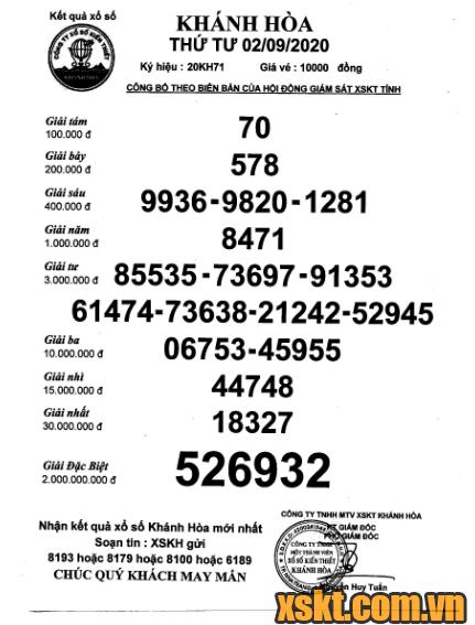 XSKH ngày 2/9/2020