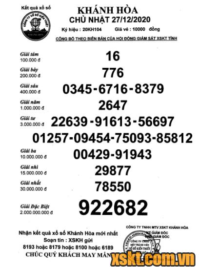 XSKH ngày 27/12/2020