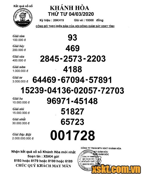 XSKH ngày 4/3/2020