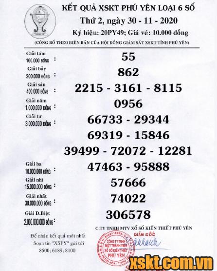 XSPY ngày 30/11/2020