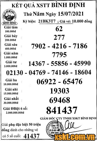 XSBDI ngày 15/7/2021