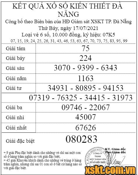 XSDNG ngày 17/7/2021