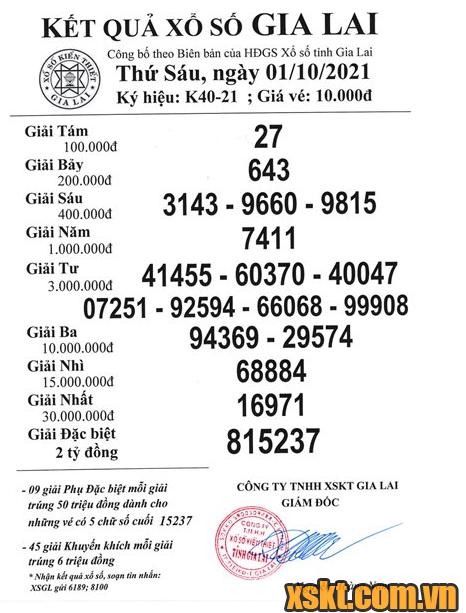 XSGL ngày 1/10/2021