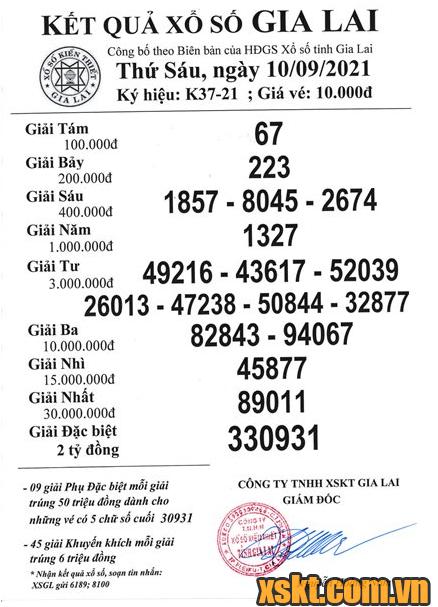 XSGL ngày 10/9/2021
