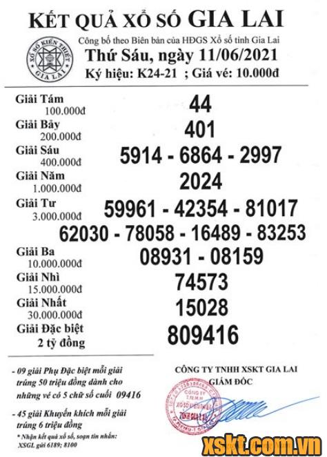 XSGL ngày 11/6/2021