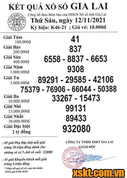 XSGL ngày 12/11/2021