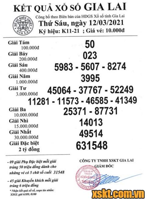 XSGL ngày 12/3/2021