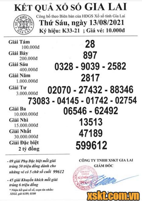 XSGL ngày 13/8/2021