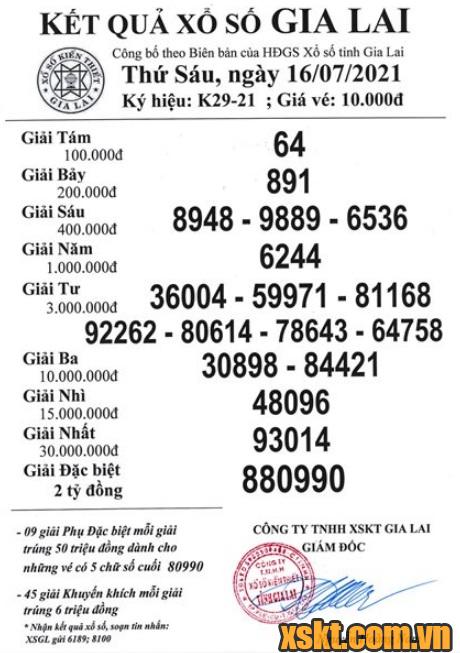 XSGL ngày 16/7/2021