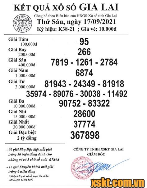 XSGL ngày 17/9/2021