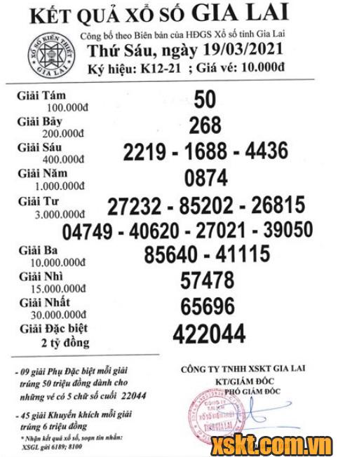 XSGL ngày 19/3/2021
