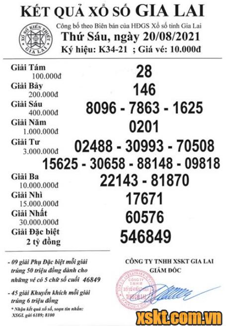 XSGL ngày 20/8/2021
