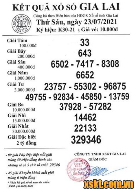 XSGL ngày 23/7/2021