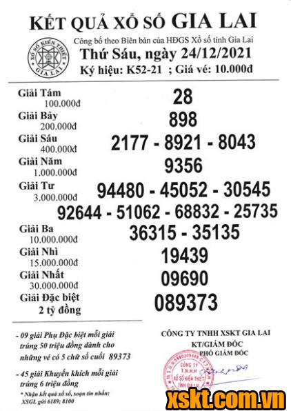 XSGL ngày 24/12/2021