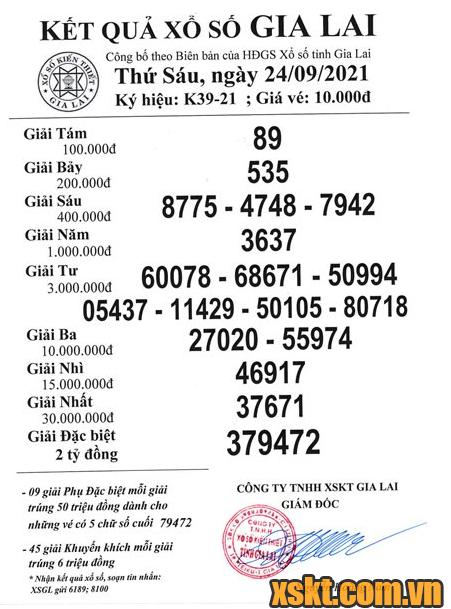 XSGL ngày 24/9/2021