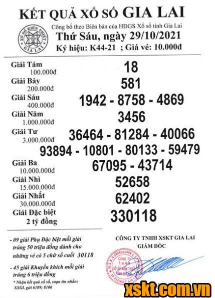 XSGL ngày 29/10/2021