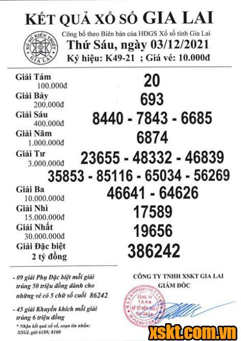 XSGL ngày 3/12/2021