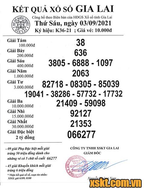 XSGL ngày 3/9/2021