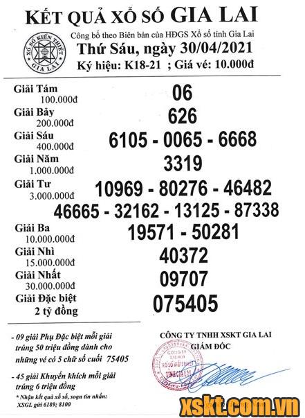 XSGL ngày 30/4/2021