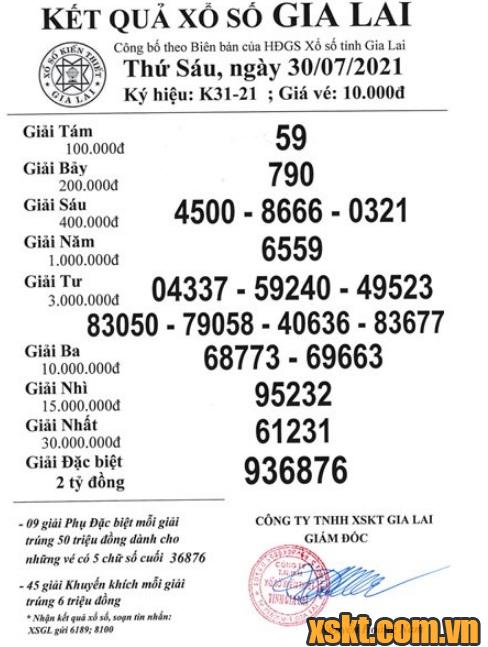XSGL ngày 30/7/2021