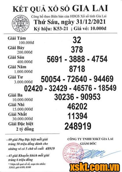 XSGL ngày 31/12/2021