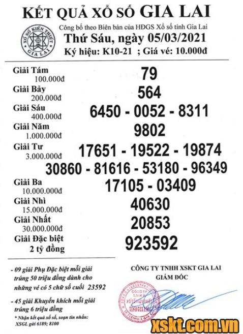 XSGL ngày 5/3/2021